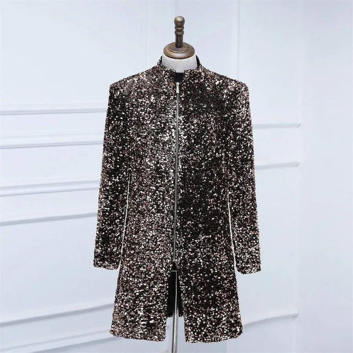 Black sequin jacket on a mannequin against a white background