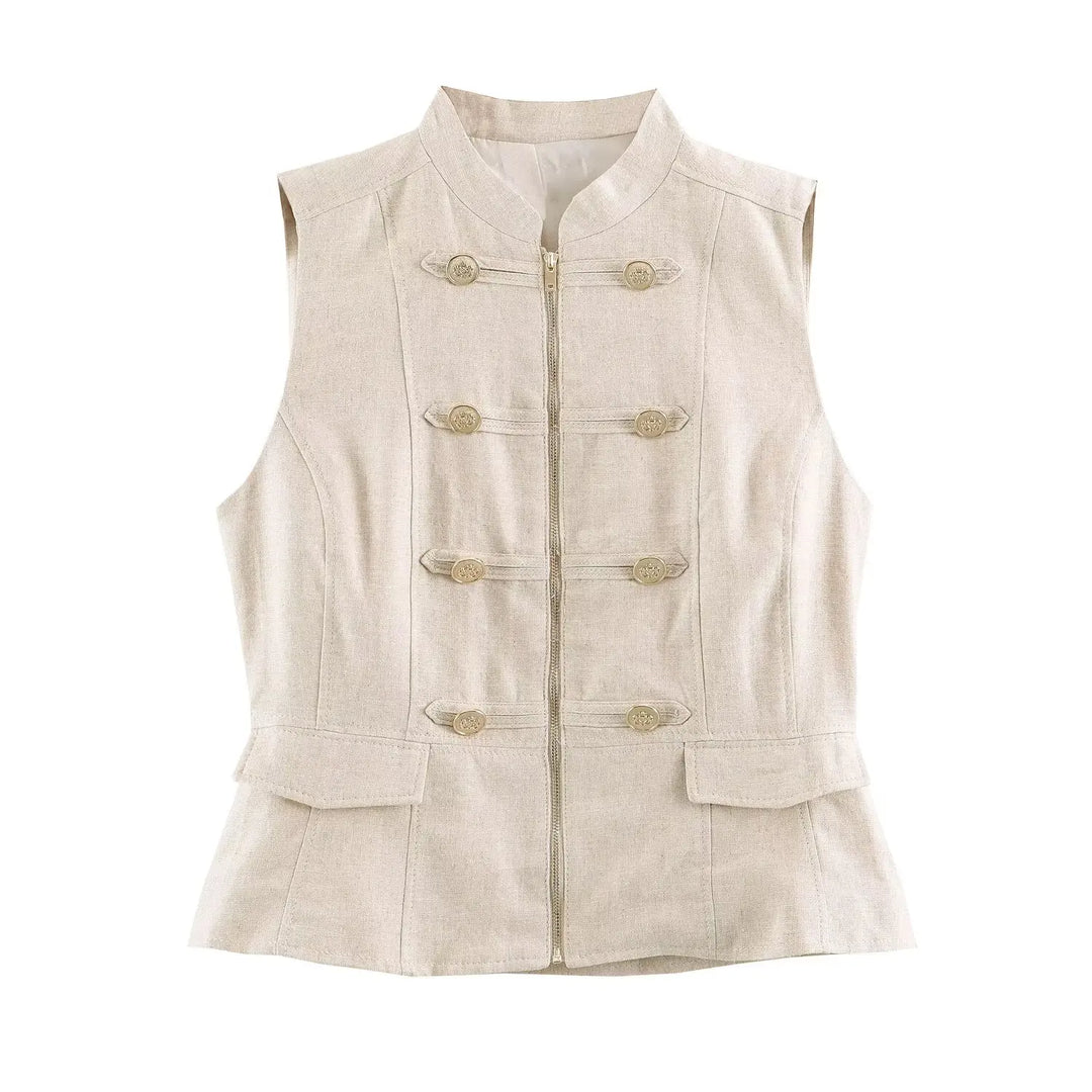 Beige sleeveless waistcoat top with zip front and decorative buttons