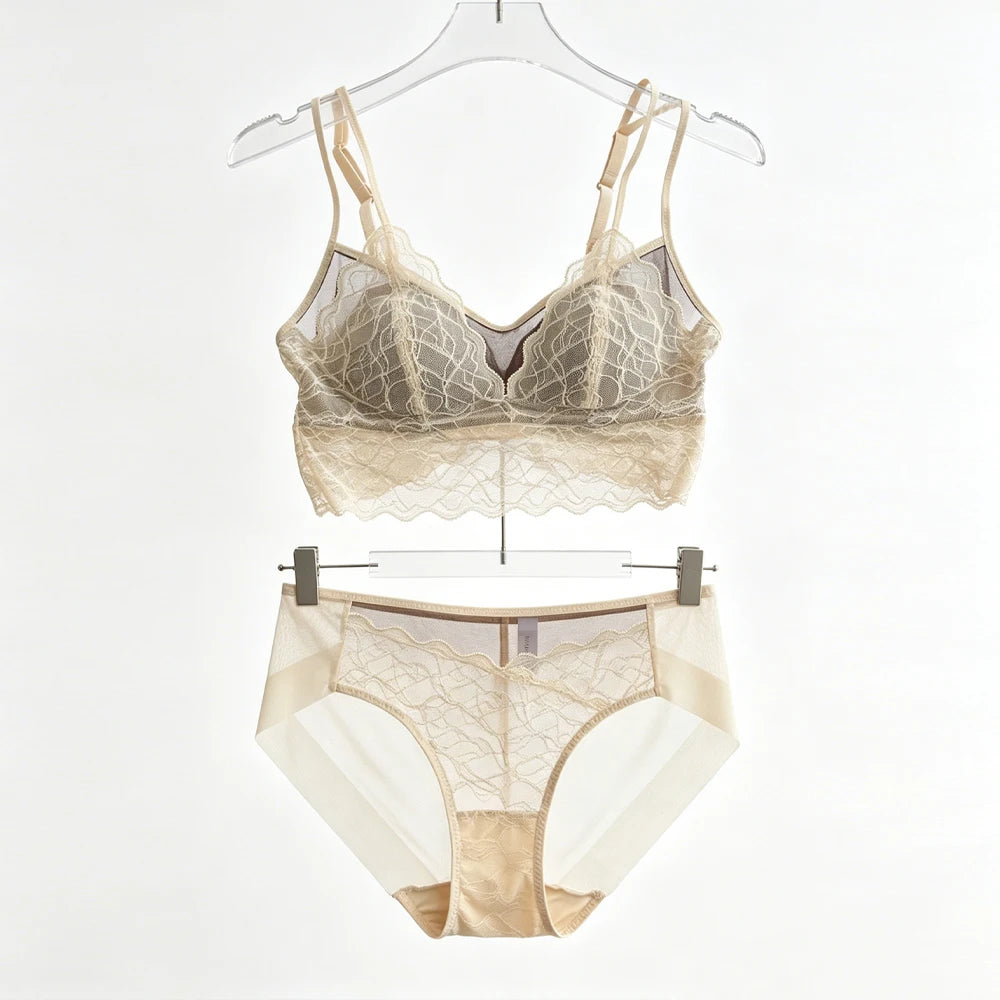 Champagne lace bralette and matching hipster panties set, front view