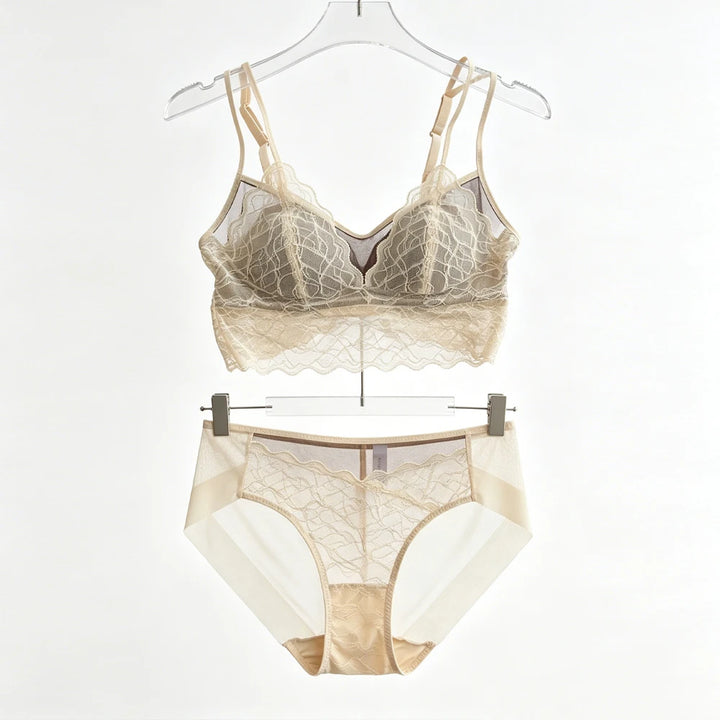 Champagne lace bralette and matching hipster panties set, front view