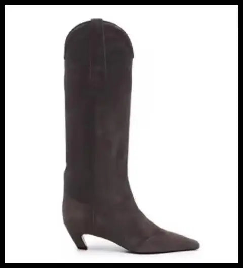 Women’s faux suede knee-high boots, dark brown, pointed toe and heel.