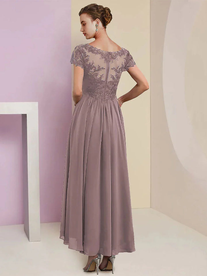 Lavender tea-length chiffon gown with lace V-neck and pleated chiffon skirt