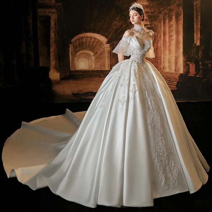 Robe de mariée élégante en satin de luxe Jancember 2024, manches courtes, col bateau, broderie, lacets, nœud, robe de mariée LSMX016