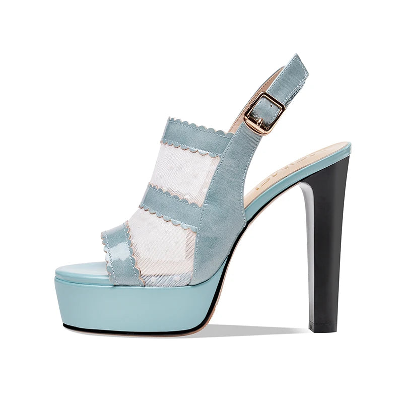 Light blue leather peep-toe platform heel sandal with ankle strap and gold buckle
