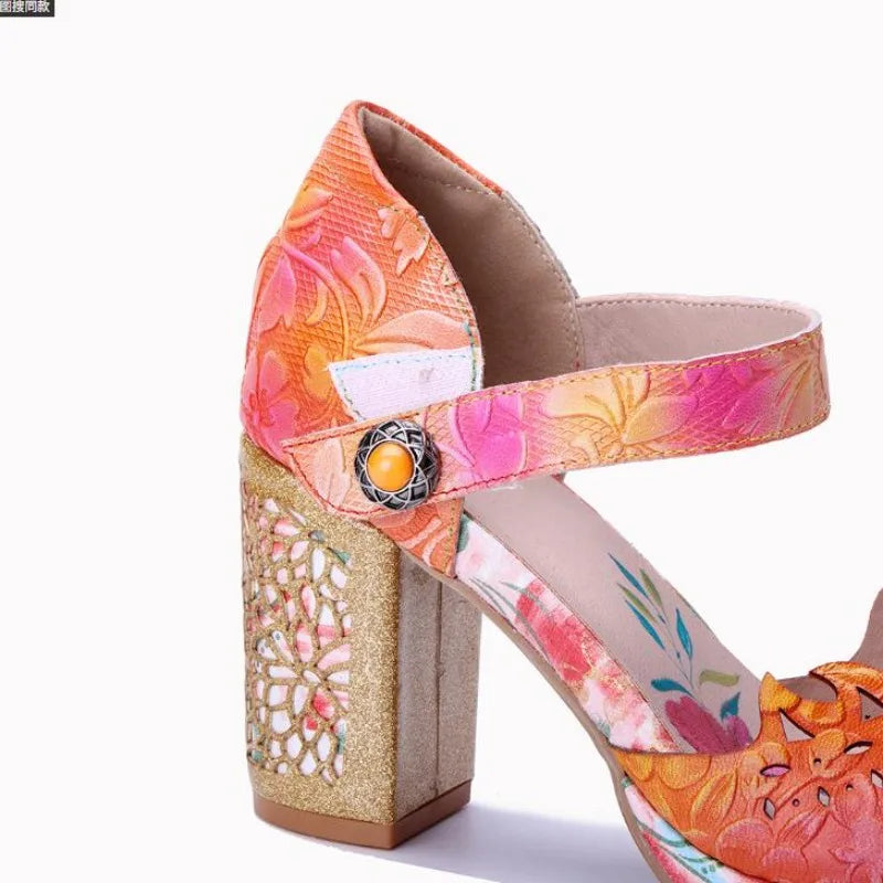 Leather ankle-strap sandal with chunky block heel, floral orange/pink upper and decorative heel