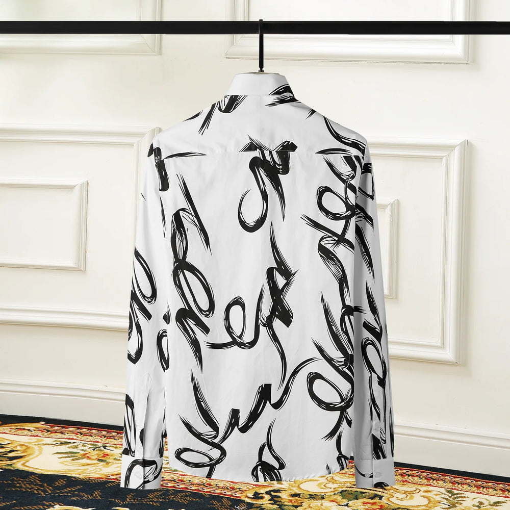 Men's printed cotton shirt, white with black abstract pattern, full back view on hanger