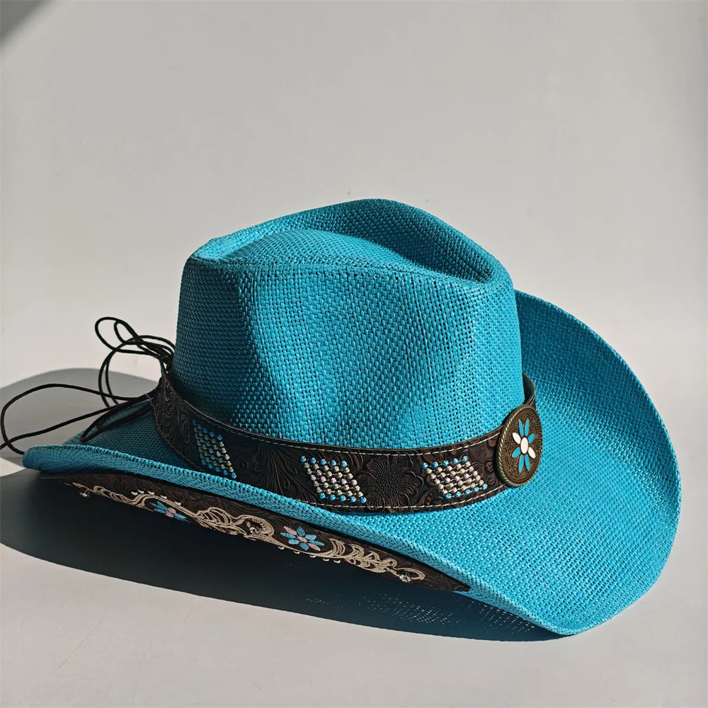 Teal woven cowboy sun hat with black decorative band, turquoise accents, and flower badge
