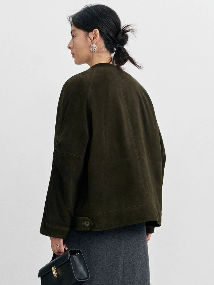 Olive suede cropped jacket for women, back view with single vent and button tabs