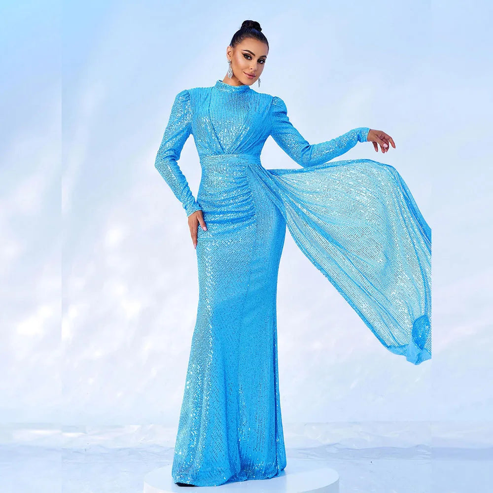 Mermaid Sequin Draped Evening Gown