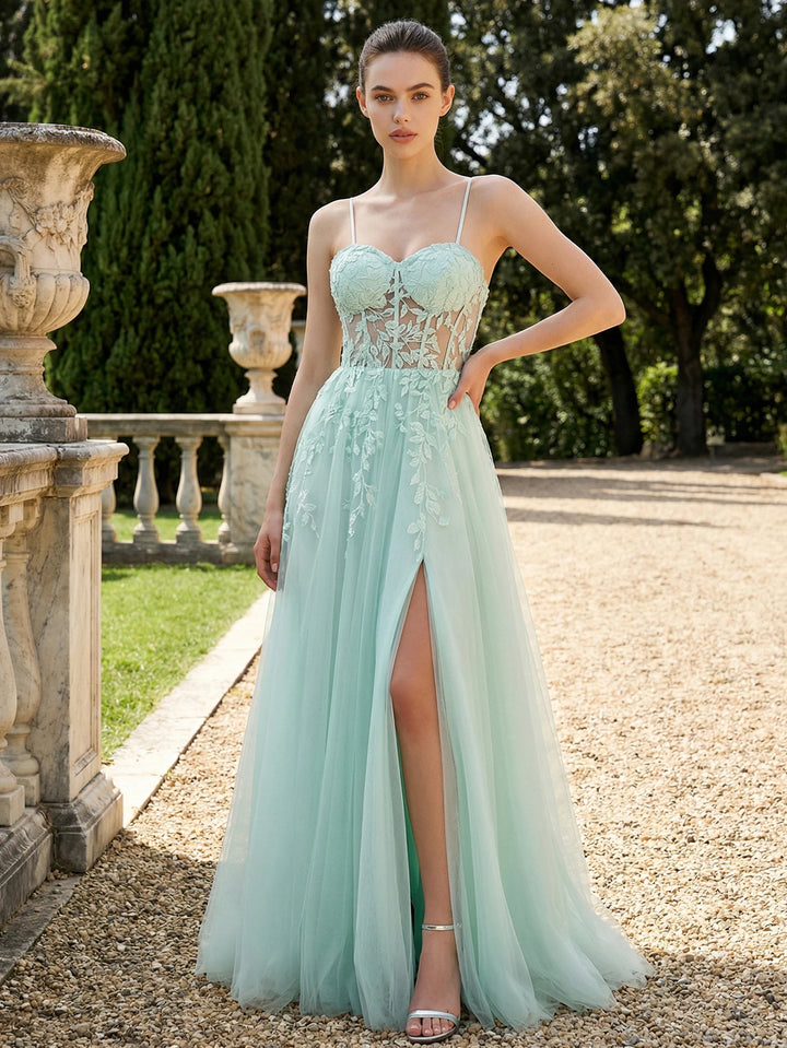 Delicate High Slit Lace Tulle Prom Gown