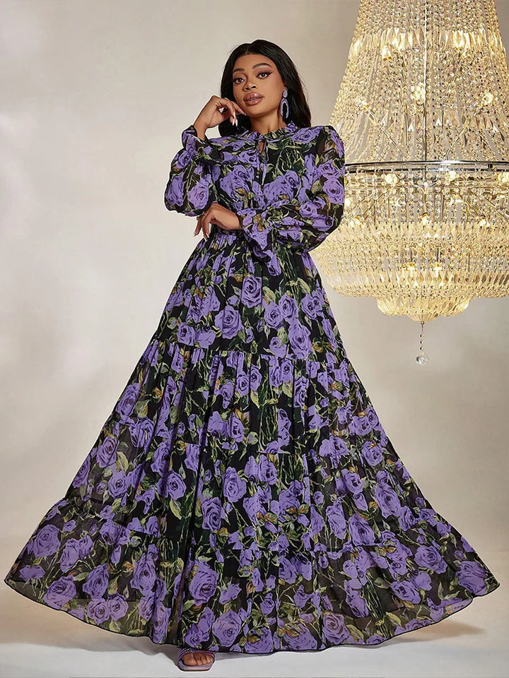 Vintage Print Plus Size Chiffon Maxi Dress