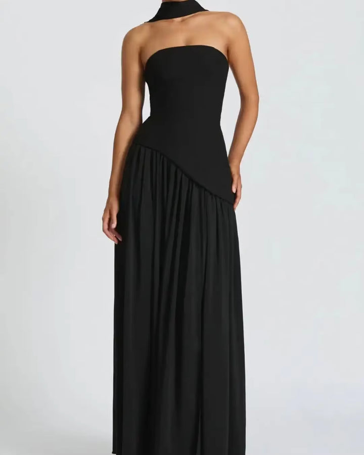 Black strapless long dress with gathered skirt and fitted bodice