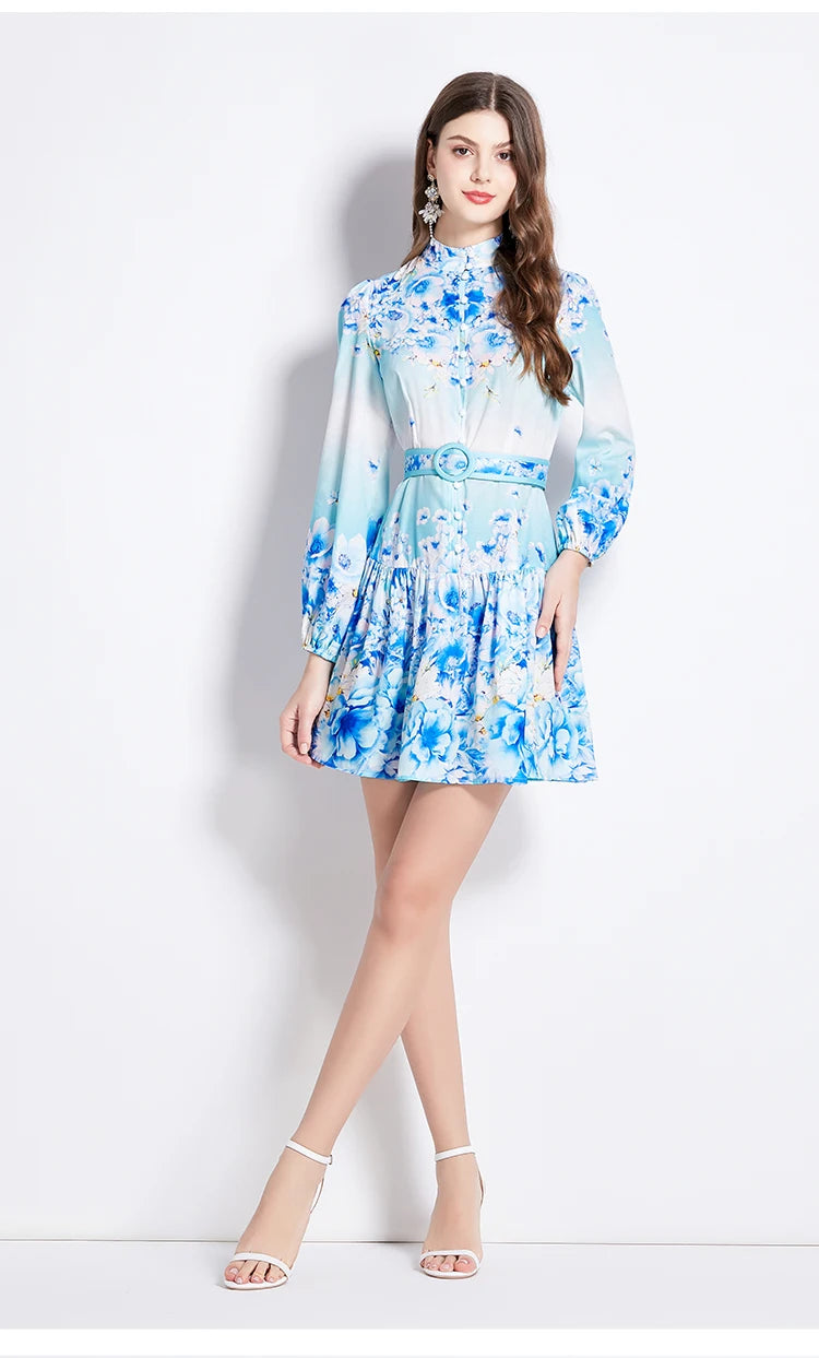 Stylish Floral Print Oil Painting Short Dress