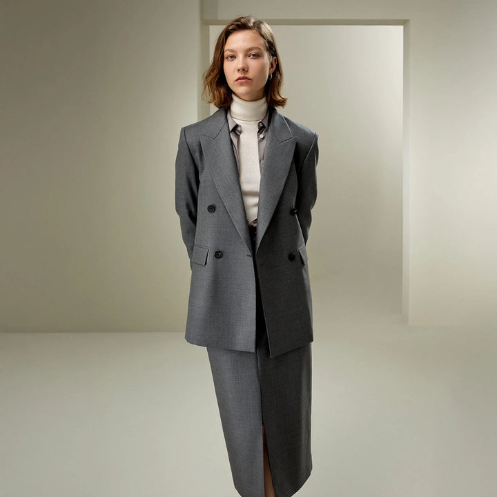 Modern Double-Breasted Wool Silk Suit Coat
