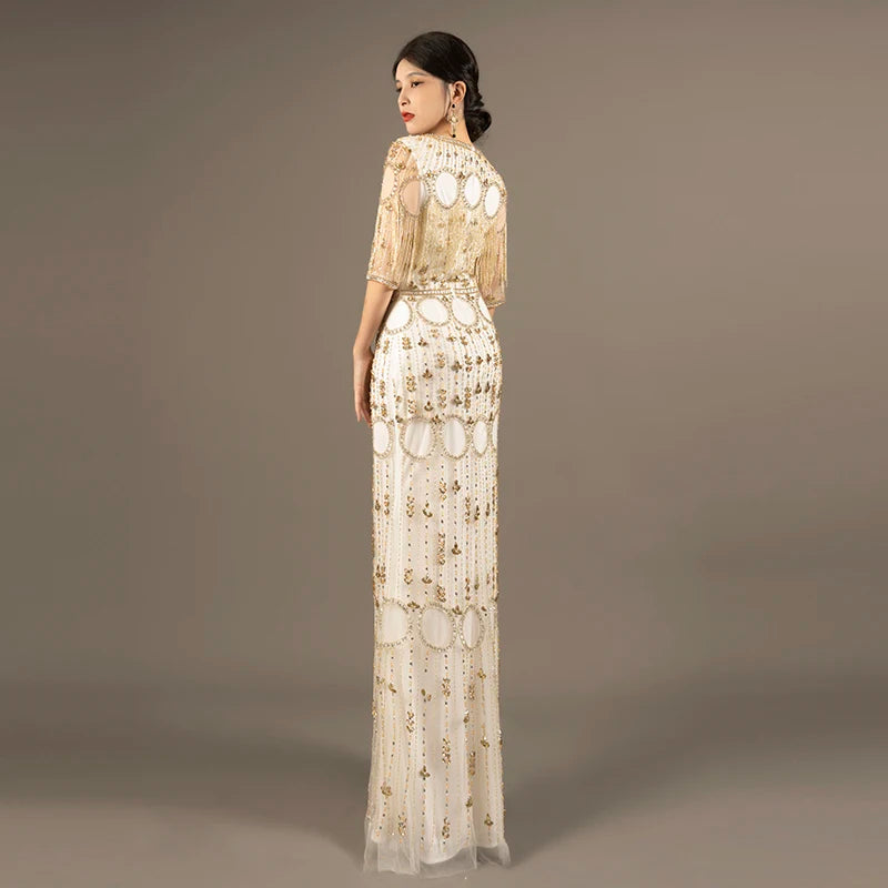 Experience The Gold Beaded Mermaid Evening Dress