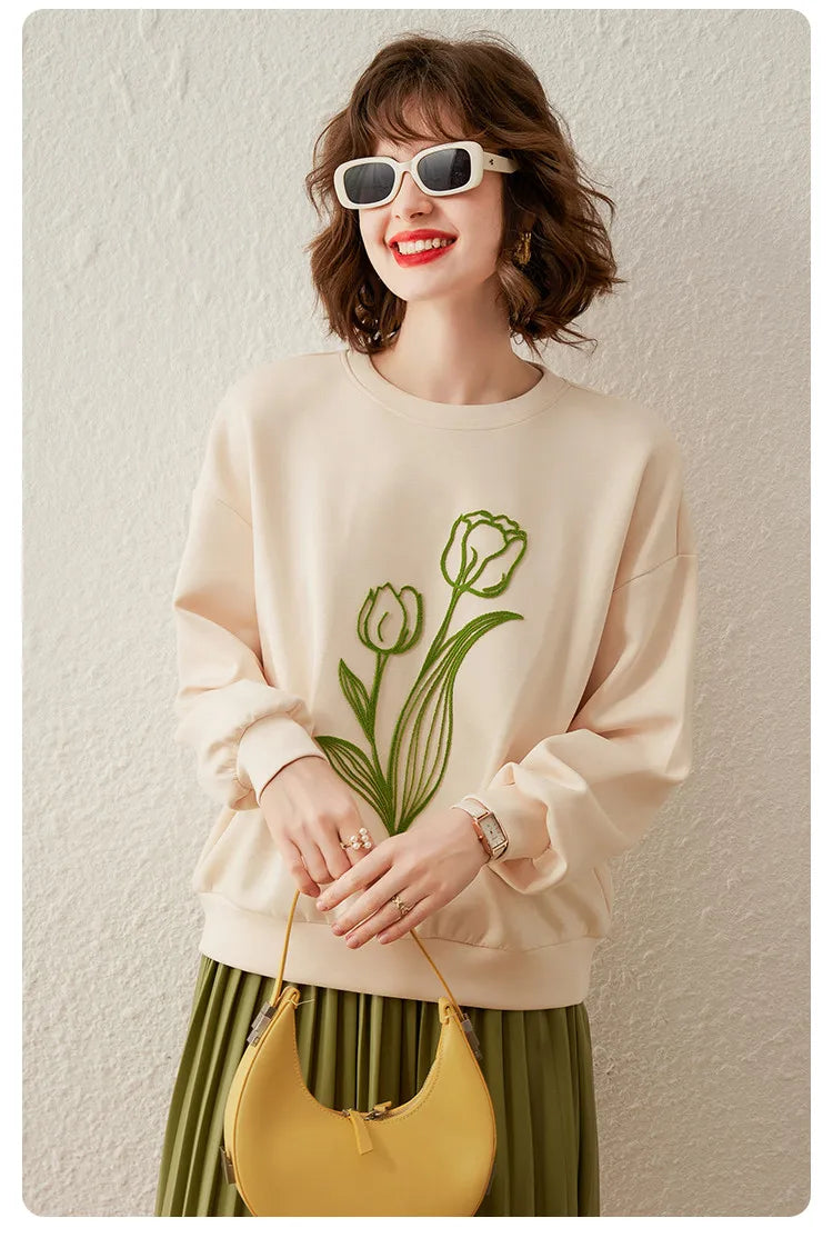 Fashionable Embroidered Flower Pullover Tops