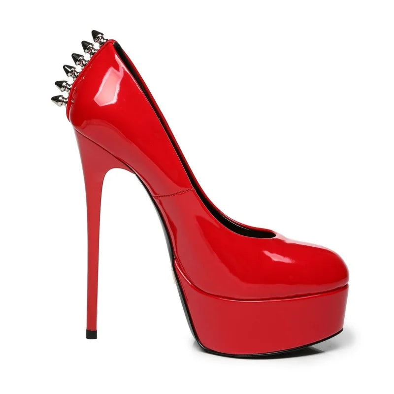 Red patent leather platform rivet heel pumps, side view with pointed toe and thin stiletto