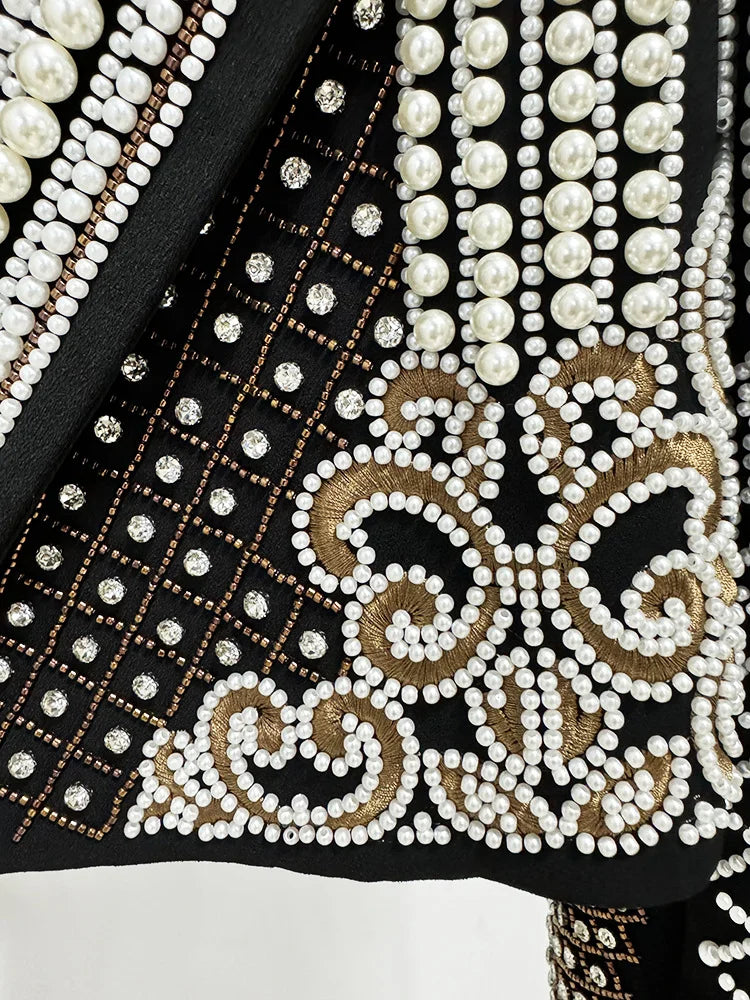Black velvet cropped jacket cuff with pearl bead geometric border and gold accents