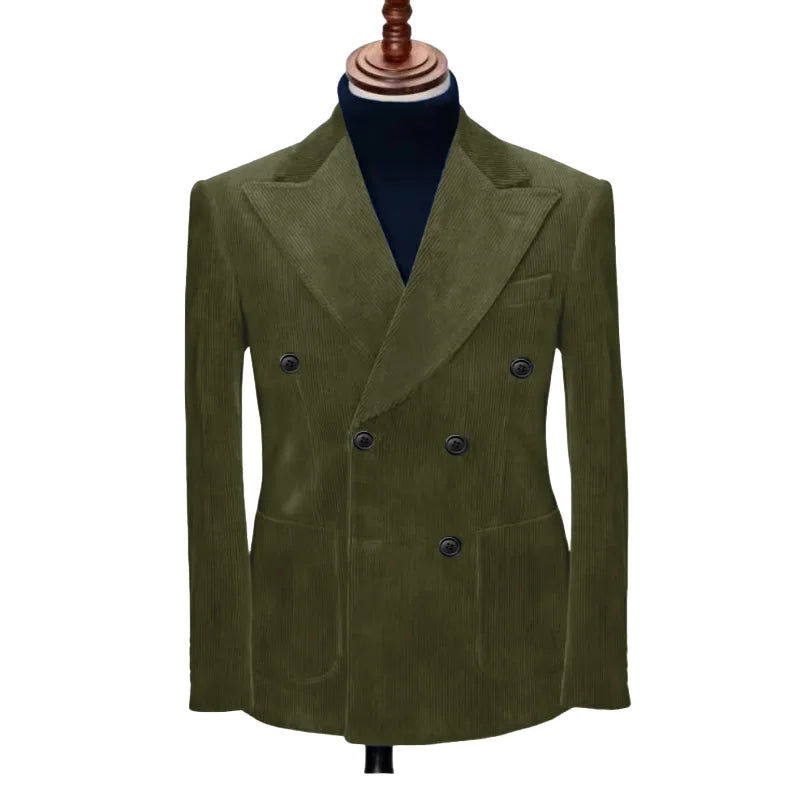 Olive green men’s double-breasted formal blazer with notched lapels and long sleeves