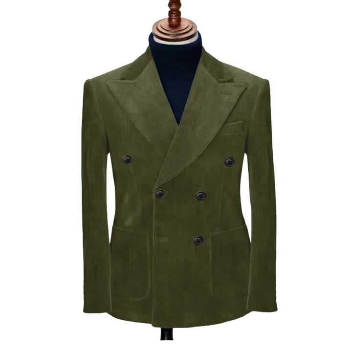 Olive green men’s double-breasted formal blazer with notched lapels and long sleeves