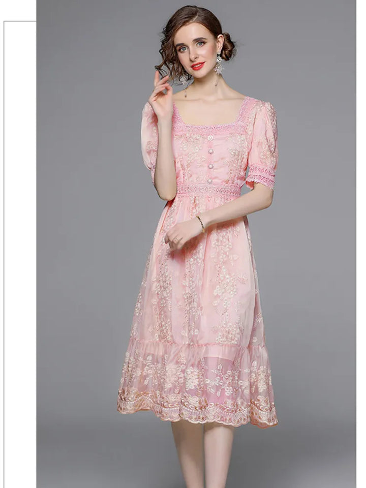 Sweet Lace Embroidered A-Line Midi Dress