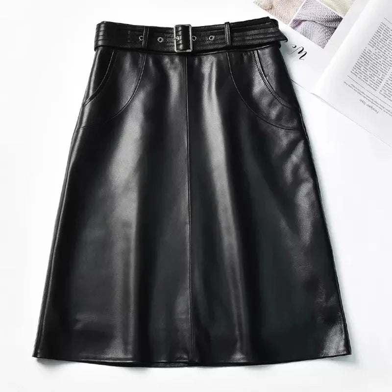 Black leather midi skirt with belt buckle and stitched panel seams