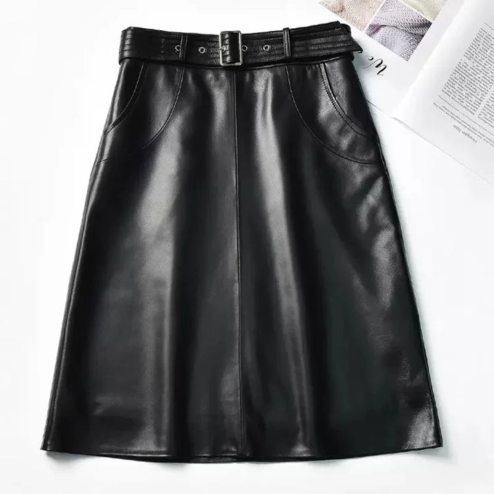 Black leather midi skirt with belt buckle and stitched panel seams