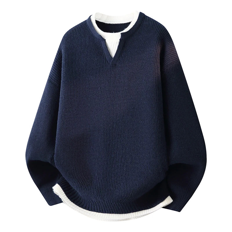 Men’s knit pullover sweater, navy V-neck with white trim, ribbed cuffs and hem