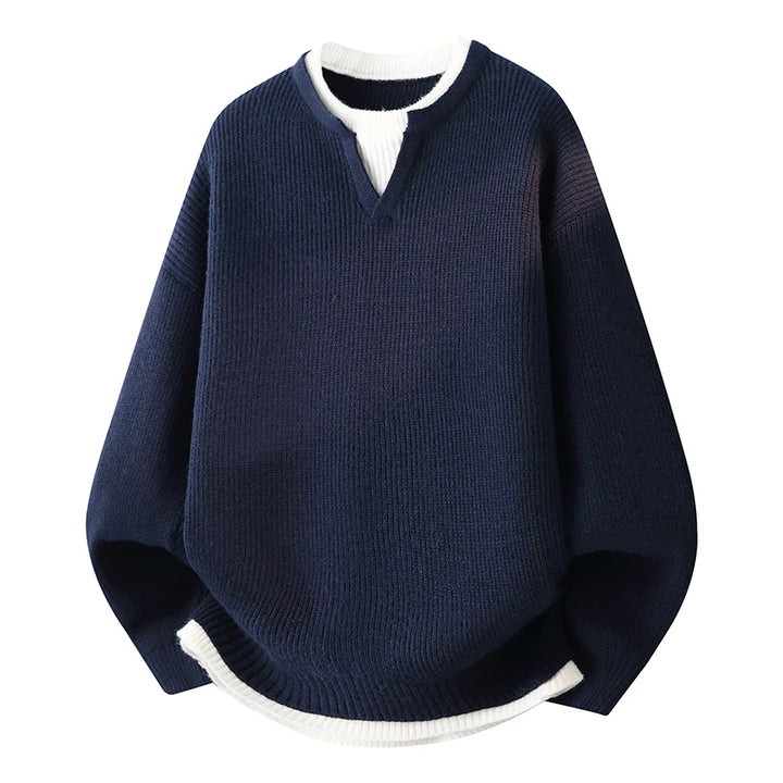 Men’s knit pullover sweater, navy V-neck with white trim, ribbed cuffs and hem