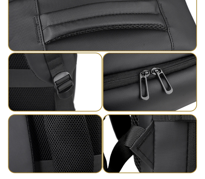 Black backpack fabric close-up with reinforced stitching, zipper pulls, and padded straps
