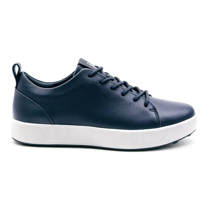 Men's leather skateboard sneakers, dark blue low-top with lace-up closure and white sole