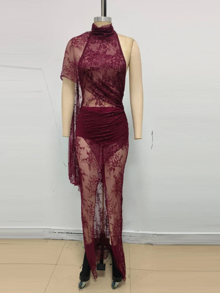 Burgundy sheer lace maxi gown with short sleeves, high neckline, and ruched waist