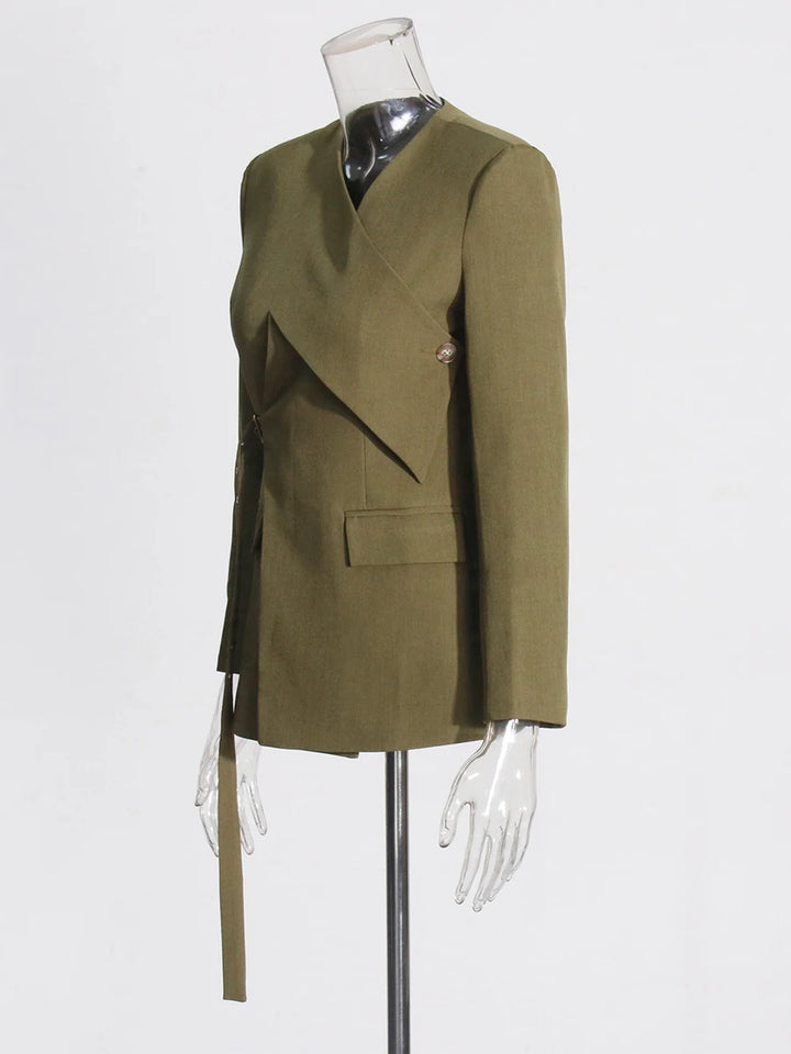 Green asymmetrical slim blazer with notch collar and flap pocket
