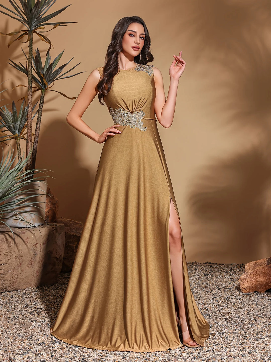 Elegant Applique Side-Slit Evening Gown
