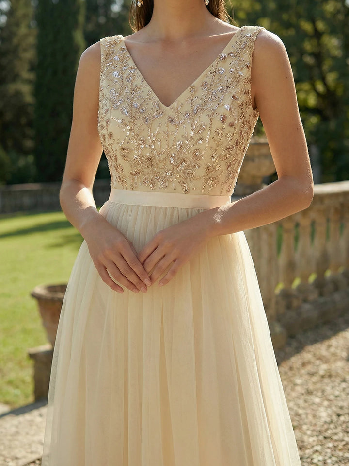 Timeless Sequins Tulle Arabic Evening Gown