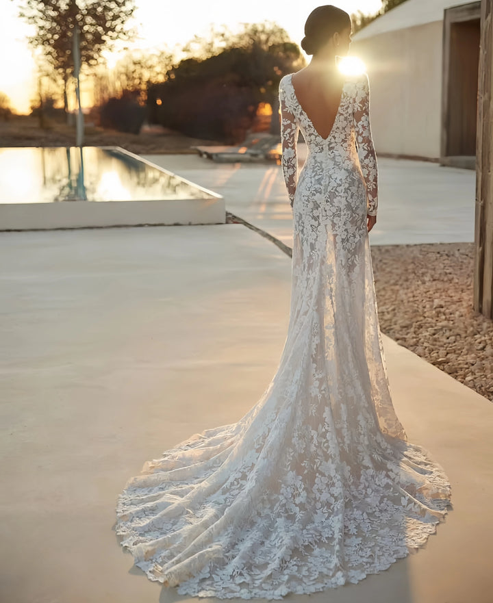 Stylish Semi-transparent long-sleeved Bridal Dress