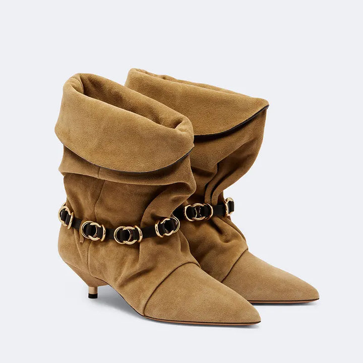 Women’s suede mid-calf heel boots, brown with gold-tone chain strap detail