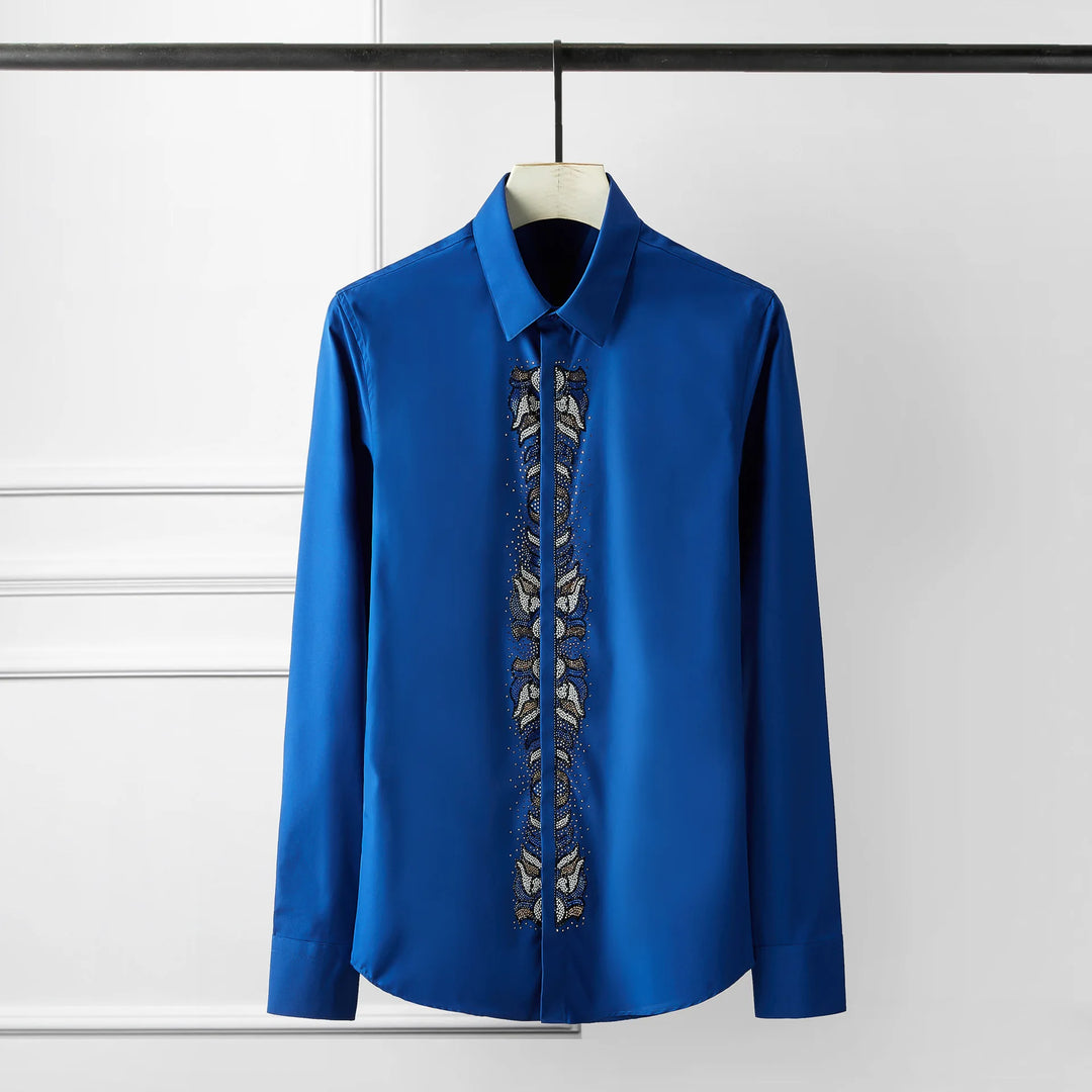 Bright blue slim-fit dress shirt with rhinestone center placket ornament