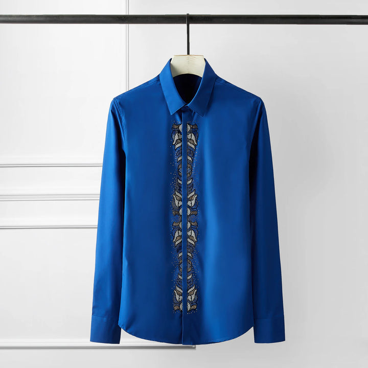 Bright blue slim-fit dress shirt with rhinestone center placket ornament