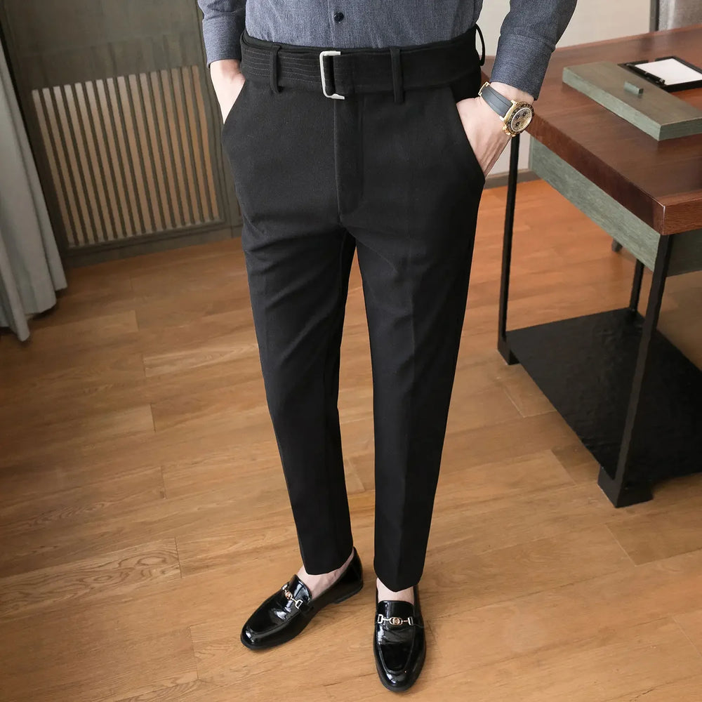 Black men's formal dress pants, ankle-length, flat front and belt loops