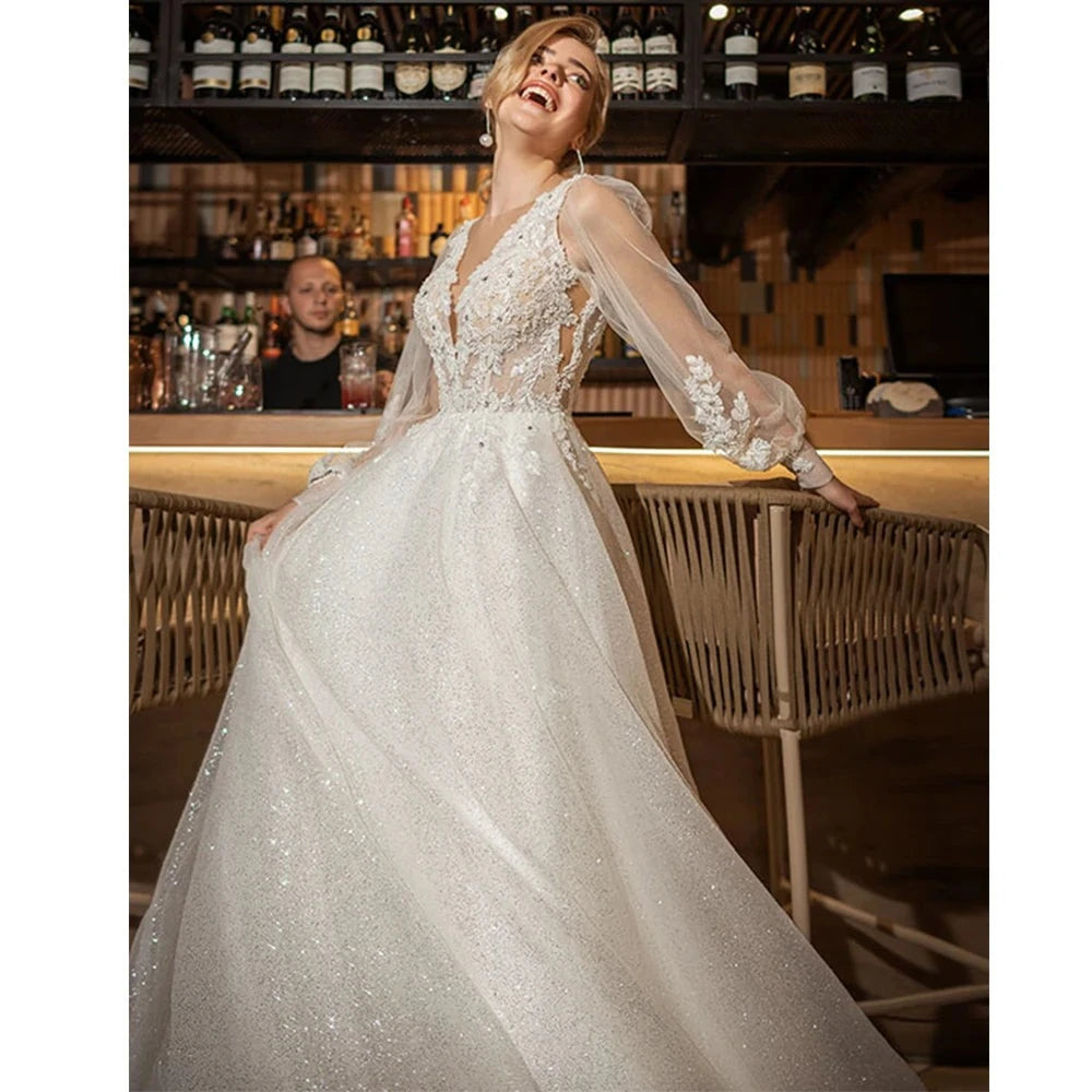 Glittery Deep V-Neck Bridal Dress