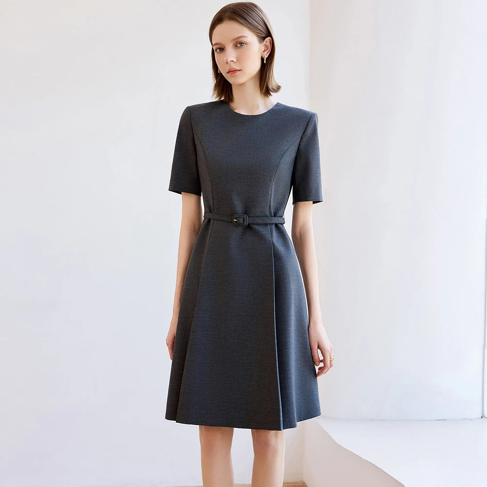 Dark grey A-line office dress with belt tie, short sleeves and crew neckline