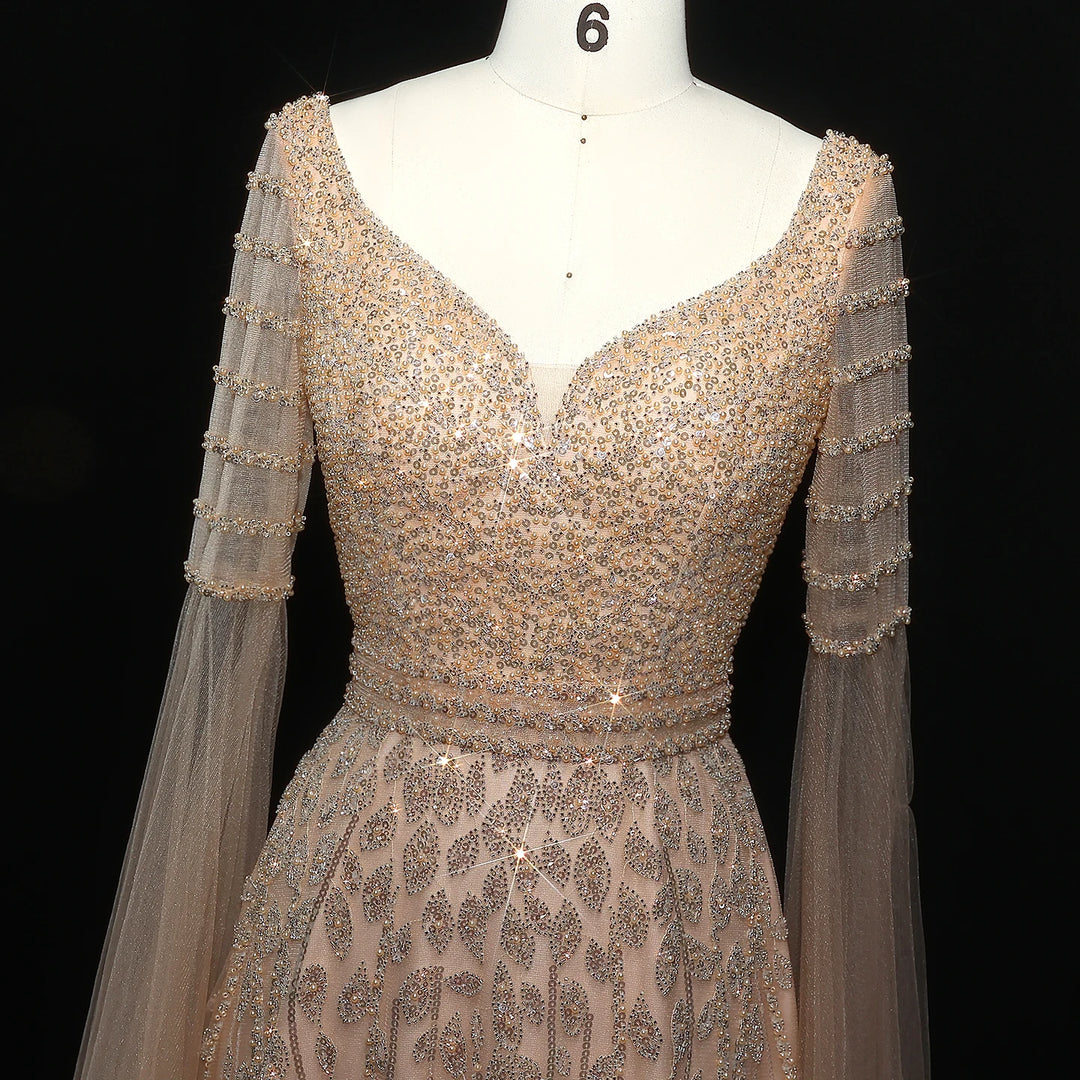 Regal Beaded Cape Sleeves Evening Dress