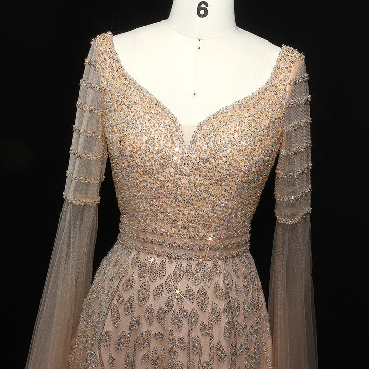 Regal Beaded Cape Sleeves Evening Dress