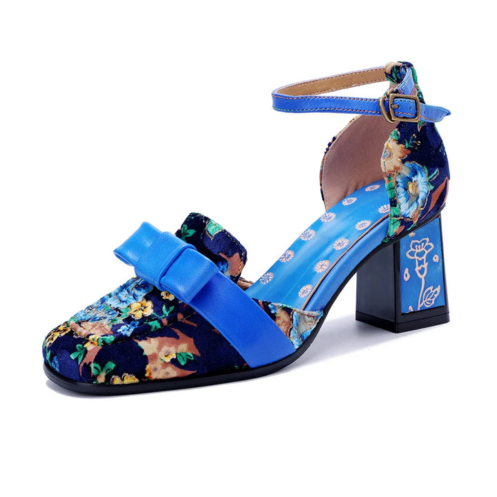 Blue floral ankle-strap high-heel sandals with buckle closure and block heel