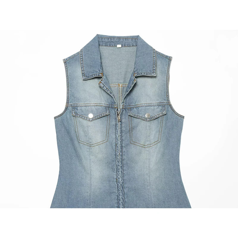 Light blue sleeveless denim mini dress front view with pointed collar and chest pockets