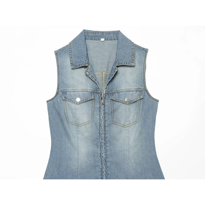 Light blue sleeveless denim mini dress front view with pointed collar and chest pockets