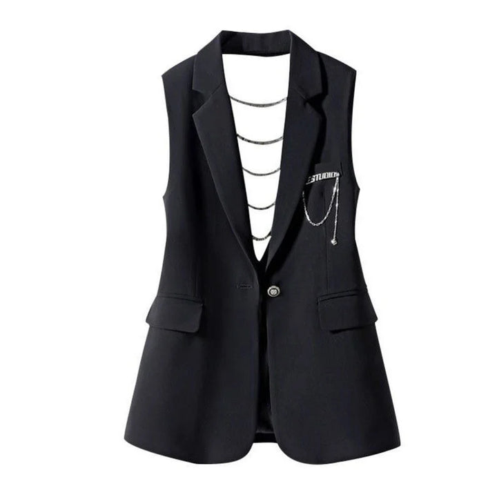 Black sleeveless suit waistcoat with notched lapels and single-button front