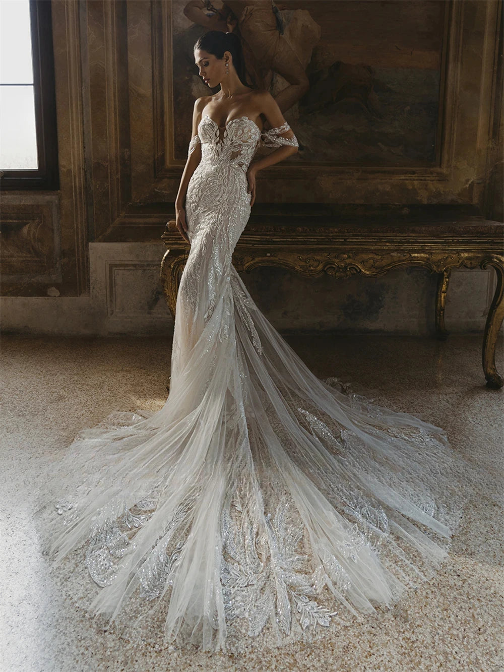Delicate Floral Sequins Wedding Dress