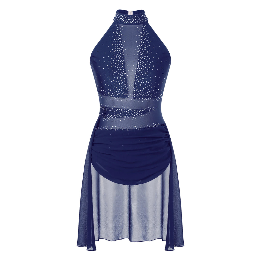 Navy rhinestone mesh halter ballet dress with glitter-studded bodice and flowing skirt